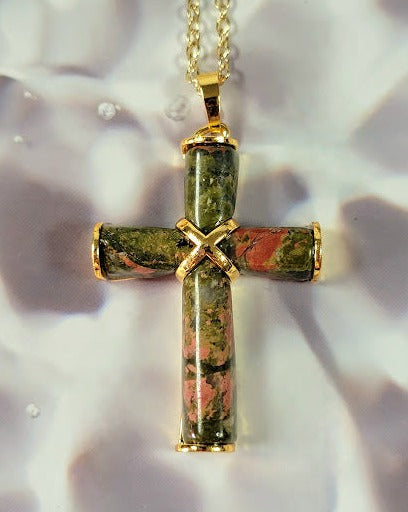 Women's Unakite Stone Cross Pendant, Catholic Pendant, Religious Jewlery