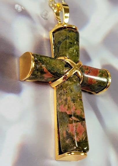 Women's Unakite Stone Cross Pendant, Catholic Pendant, Religious Jewlery