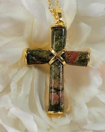 Women's Unakite Stone Cross Pendant, Catholic Pendant, Religious Jewlery