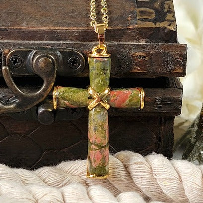 Women's Unakite Stone Cross Pendant, Catholic Pendant, Religious Jewlery