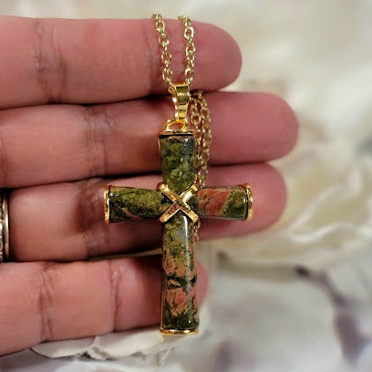 Women's Unakite Stone Cross Pendant, Catholic Pendant, Religious Jewlery