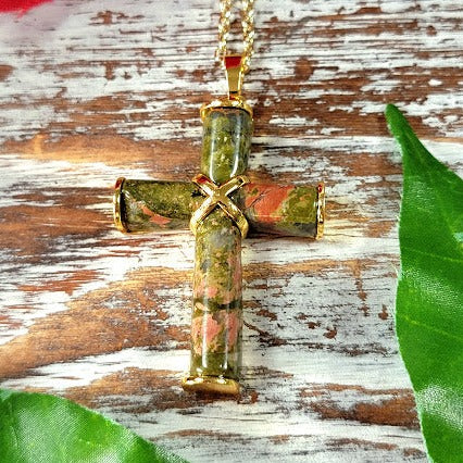 Women's Unakite Stone Cross Pendant, Catholic Pendant, Religious Jewlery