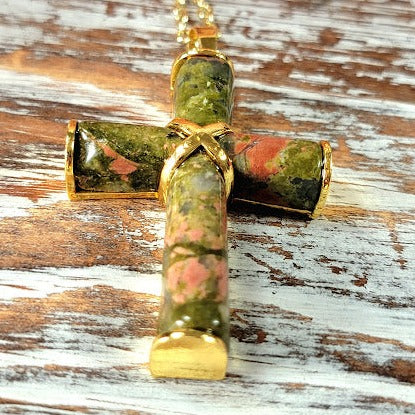 Women's Unakite Stone Cross Pendant, Catholic Pendant, Religious Jewlery