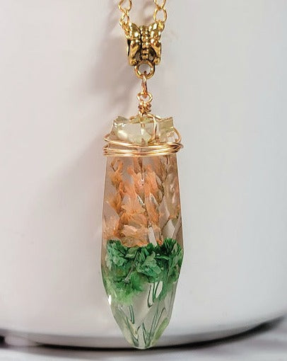 Floral-Encased Gold Resin Necklace , Wire-Wrapped Flower Crystal Pendant