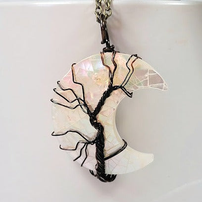 Mystical Moonlight Tree Necklace, Wire-Wrapped Crescent Moon Pendant, Celestial Elegance Jewelry