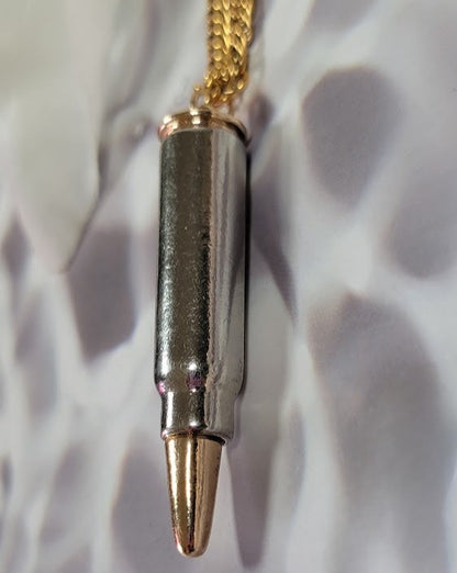 Sleek Dual-Tone Bullet Necklace, Unisex Gold-Plated Pendant, Modern Statement Jewelry, Refined Urban Accessory