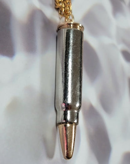 Sleek Dual-Tone Bullet Necklace, Unisex Gold-Plated Pendant, Modern Statement Jewelry, Refined Urban Accessory