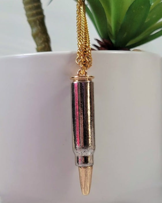 Sleek Dual-Tone Bullet Necklace, Unisex Gold-Plated Pendant, Modern Statement Jewelry, Refined Urban Accessory