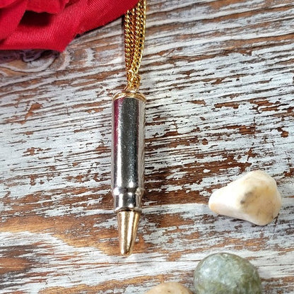 Sleek Dual-Tone Bullet Necklace, Unisex Gold-Plated Pendant, Modern Statement Jewelry, Refined Urban Accessory