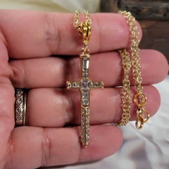 Radiant Rhinestone Gold Cross & Dagger Necklace, Elegant Faith Emblem Pendant, Unisex Spiritual Statement Jewelry