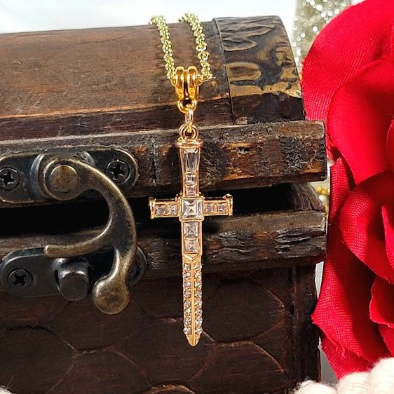 Radiant Rhinestone Gold Cross & Dagger Necklace, Elegant Faith Emblem Pendant, Unisex Spiritual Statement Jewelry