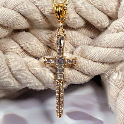 Radiant Rhinestone Gold Cross & Dagger Necklace, Elegant Faith Emblem Pendant, Unisex Spiritual Statement Jewelry