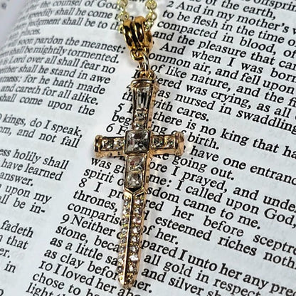 Radiant Rhinestone Gold Cross & Dagger Necklace, Elegant Faith Emblem Pendant, Unisex Spiritual Statement Jewelry