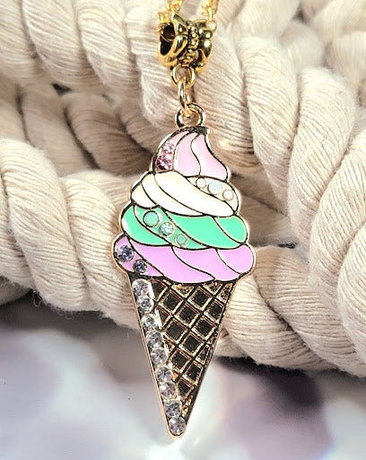 Sweet Treat Waffle Cone Necklace, Colorful Pendant for Kids