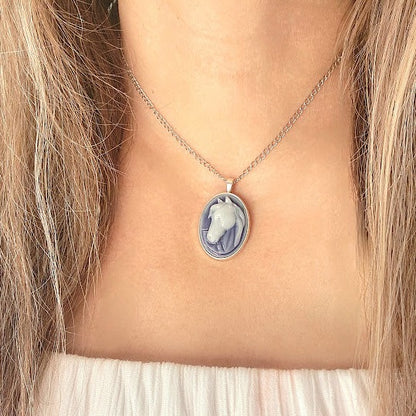 White Stallion Cameo Necklace, Majestic Horse Profile Pendant, Handcrafted Country Charm Jewelry, Modern-day Western Chic