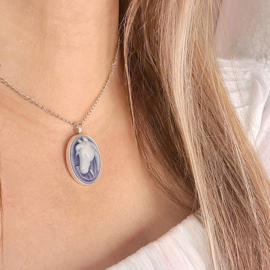 White Stallion Cameo Necklace, Majestic Horse Profile Pendant, Handcrafted Country Charm Jewelry, Modern-day Western Chic