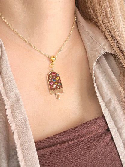 Brown Popsicle Necklace, Sprinkled Popsicle Pendant, Food Jewelry