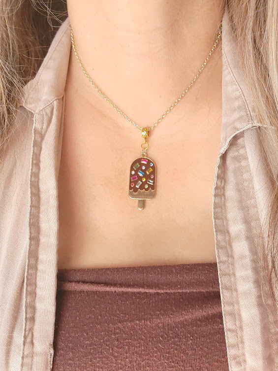 Brown Popsicle Necklace, Sprinkled Popsicle Pendant, Food Jewelry