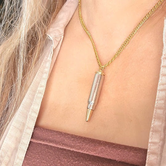 Sleek Dual-Tone Bullet Necklace, Unisex Gold-Plated Pendant, Modern Statement Jewelry, Refined Urban Accessory