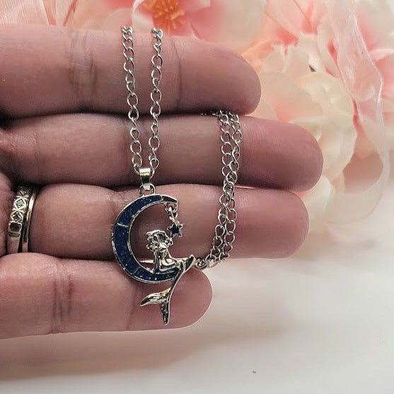 Mermaid Sitting on Silver Crescent Moon Necklace, Sea-Themed Jewelry