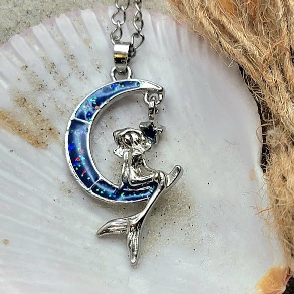 Mermaid Sitting on Silver Crescent Moon Necklace, Sea-Themed Jewelry