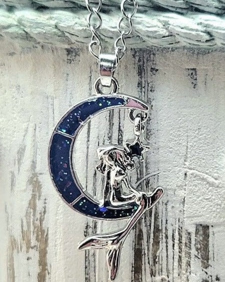 Mermaid Sitting on Silver Crescent Moon Necklace, Sea-Themed Jewelry