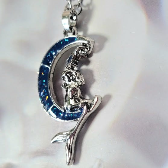 Mermaid Sitting on Silver Crescent Moon Necklace, Sea-Themed Jewelry