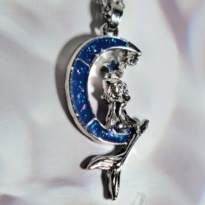 Mermaid Sitting on Silver Crescent Moon Necklace, Sea-Themed Jewelry