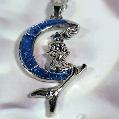 Mermaid Sitting on Silver Crescent Moon Necklace, Sea-Themed Jewelry