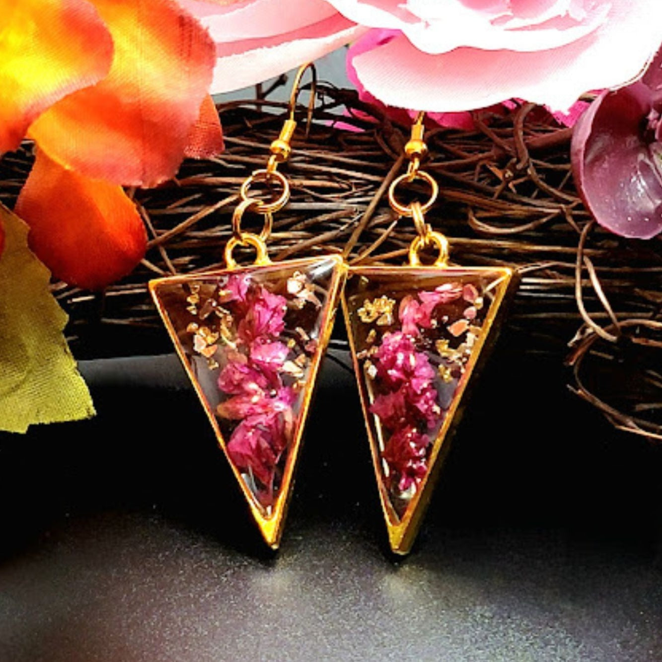 Purple Limonium Flower & Golden Flakes Earrings, Everlasting Foliage Fall Dangle, Sophisticated Botanical Jewelry