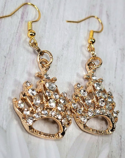 Rhinestone Studded Queen's Crown Earring, Formal Eveningwear Dangle, Special Occasion Jewelry