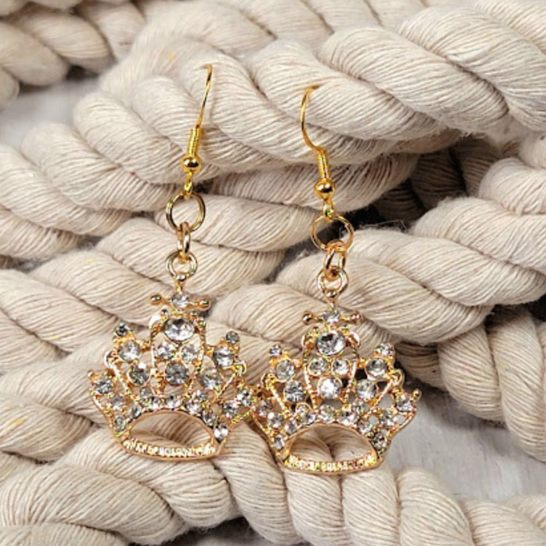 Rhinestone Studded Queen's Crown Earring, Formal Eveningwear Dangle, Special Occasion Jewelry