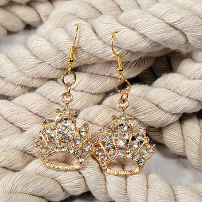 Rhinestone Studded Queen's Crown Earring, Formal Eveningwear Dangle, Special Occasion Jewelry