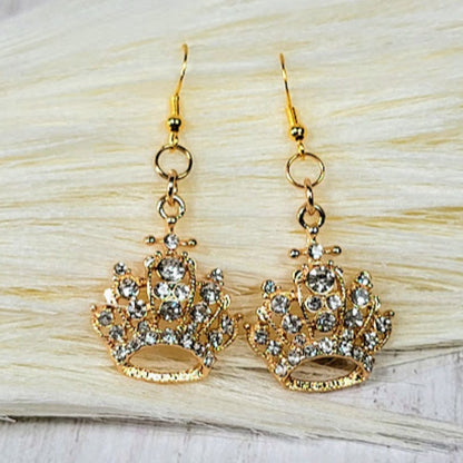 Rhinestone Studded Queen's Crown Earring, Formal Eveningwear Dangle, Special Occasion Jewelry