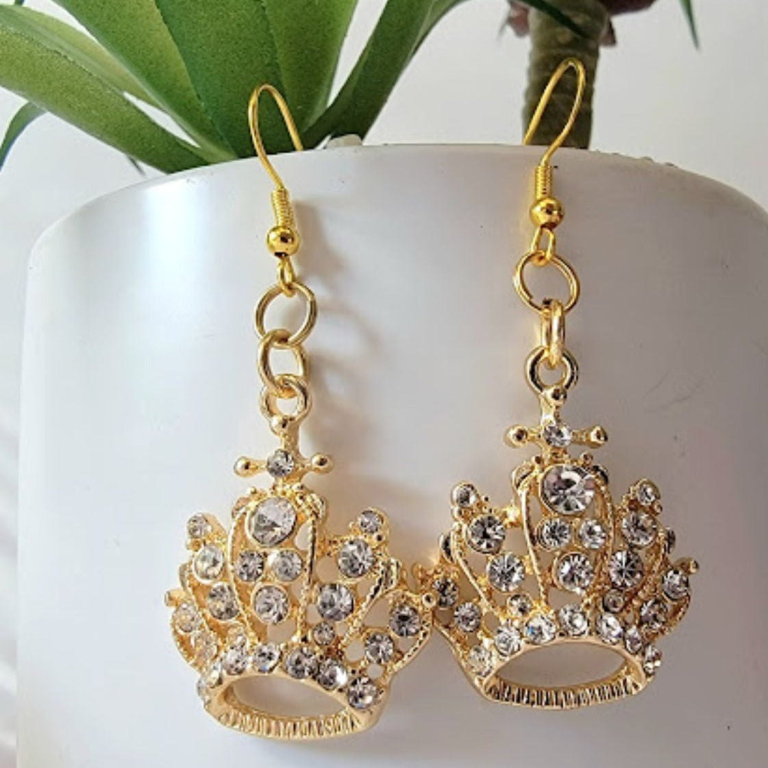 Rhinestone Studded Queen's Crown Earring, Formal Eveningwear Dangle, Special Occasion Jewelry