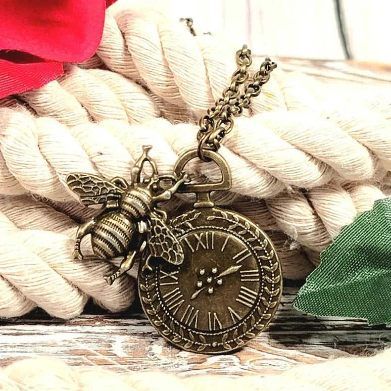 Timekeeper Necklace w/ Bee Motif, Old-World Design Pendant, Perfect Gift for Vintage Lover, Steampunk Time & Nature-Themed Jewelry, Industrial Chick