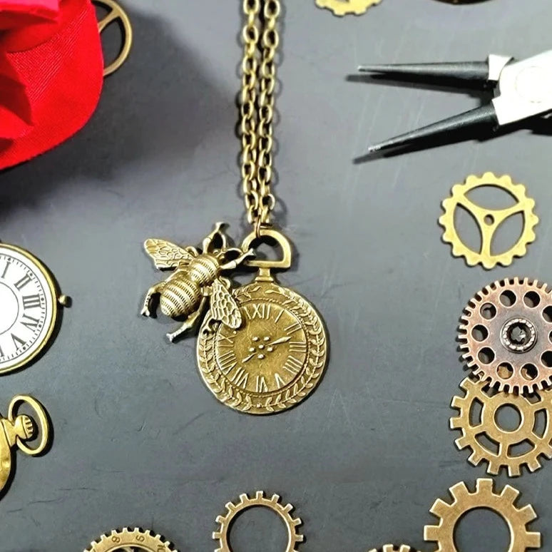 Timekeeper Necklace w/ Bee Motif, Old-World Design Pendant, Perfect Gift for Vintage Lover, Steampunk Time & Nature-Themed Jewelry, Industrial Chick