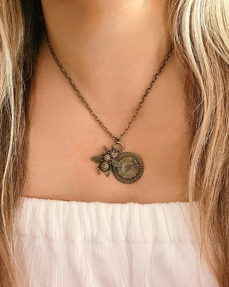 Timekeeper Necklace w/ Bee Motif, Old-World Design Pendant, Perfect Gift for Vintage Lover, Steampunk Time & Nature-Themed Jewelry, Industrial Chick