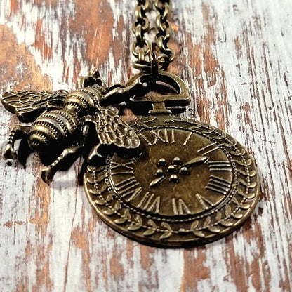 Timekeeper Necklace w/ Bee Motif, Old-World Design Pendant, Perfect Gift for Vintage Lover, Steampunk Time & Nature-Themed Jewelry, Industrial Chick