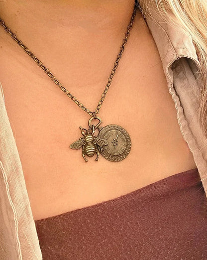 Timekeeper Necklace w/ Bee Motif, Old-World Design Pendant, Perfect Gift for Vintage Lover, Steampunk Time & Nature-Themed Jewelry, Industrial Chick