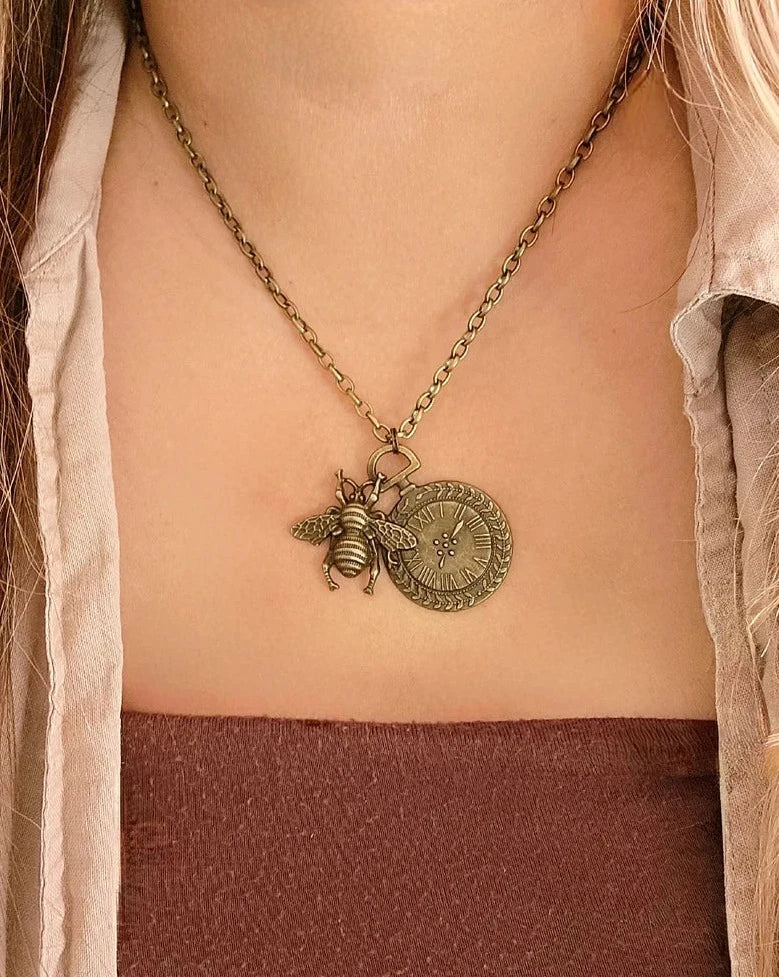 Timekeeper Necklace w/ Bee Motif, Old-World Design Pendant, Perfect Gift for Vintage Lover, Steampunk Time & Nature-Themed Jewelry, Industrial Chick