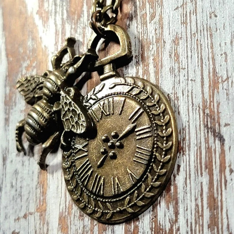 Timekeeper Necklace w/ Bee Motif, Old-World Design Pendant, Perfect Gift for Vintage Lover, Steampunk Time & Nature-Themed Jewelry, Industrial Chick