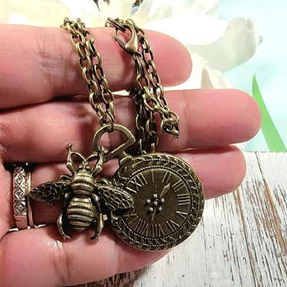 Timekeeper Necklace w/ Bee Motif, Old-World Design Pendant, Perfect Gift for Vintage Lover, Steampunk Time & Nature-Themed Jewelry, Industrial Chick