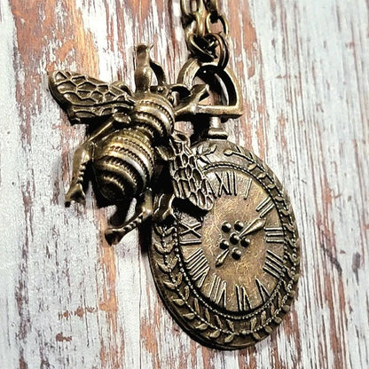 Timekeeper Necklace w/ Bee Motif, Old-World Design Pendant, Perfect Gift for Vintage Lover, Steampunk Time & Nature-Themed Jewelry, Industrial Chick