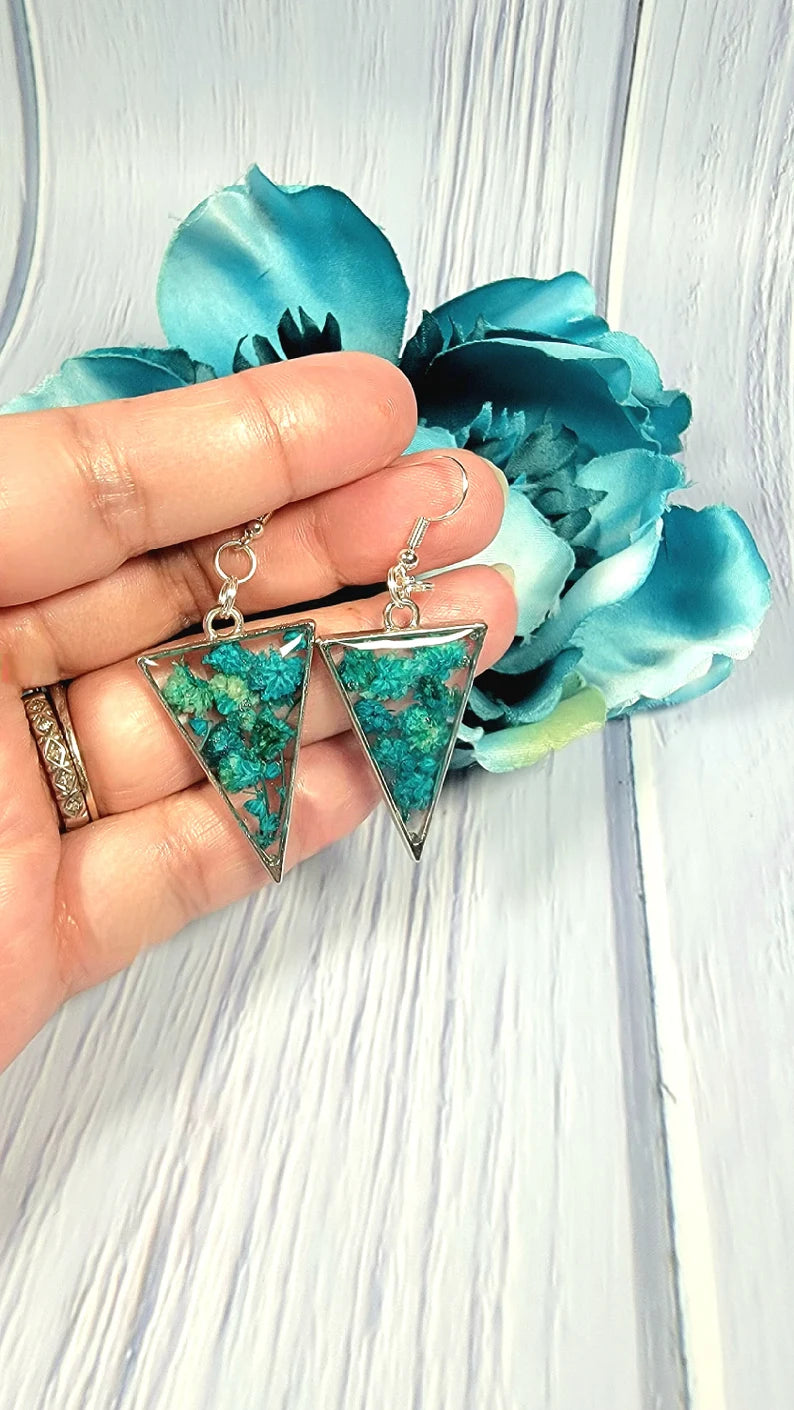 Blue Carnations Real Flower Dangle Earring, Bluish Green Drop Jewelry