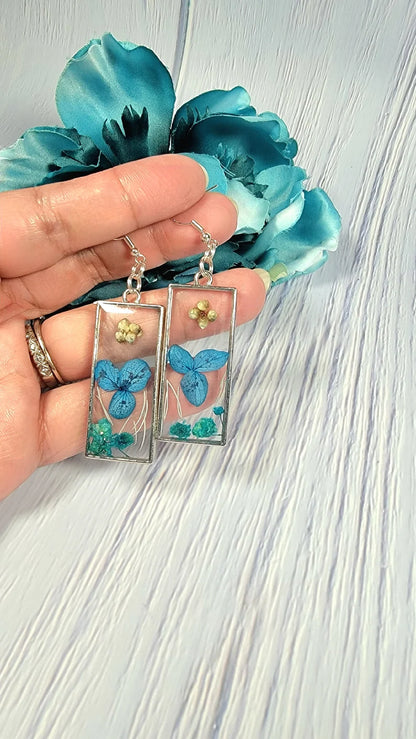 Blue Pansies Real Flower Dangle Earring, Preserved Perennial Sea Blue Wildflower Pendant