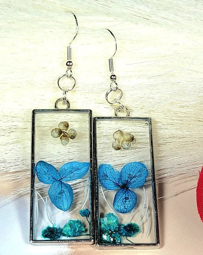 Blue Pansies Real Flower Dangle Earring, Preserved Perennial Sea Blue Wildflower Pendant