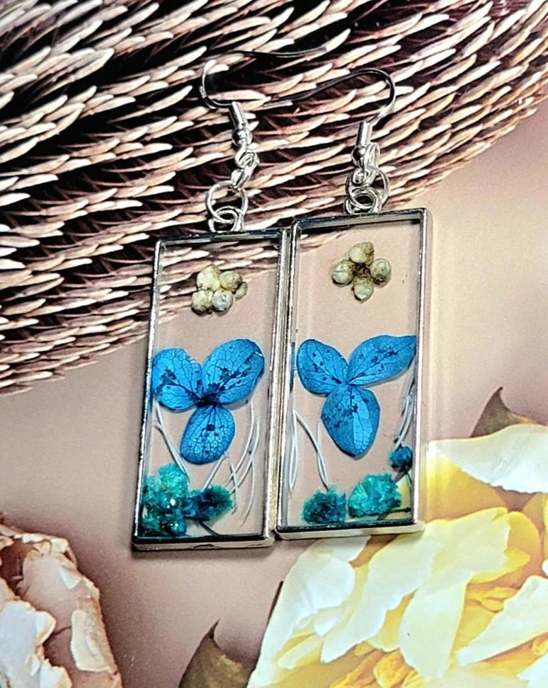 Blue Pansies Real Flower Dangle Earring, Preserved Perennial Sea Blue Wildflower Pendant