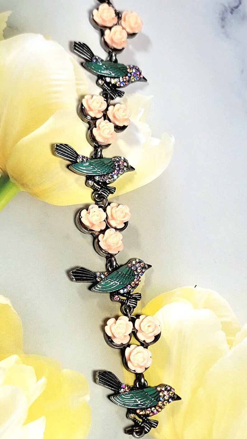 Blue Winged Bird & Pink Flower Women's Bracelet