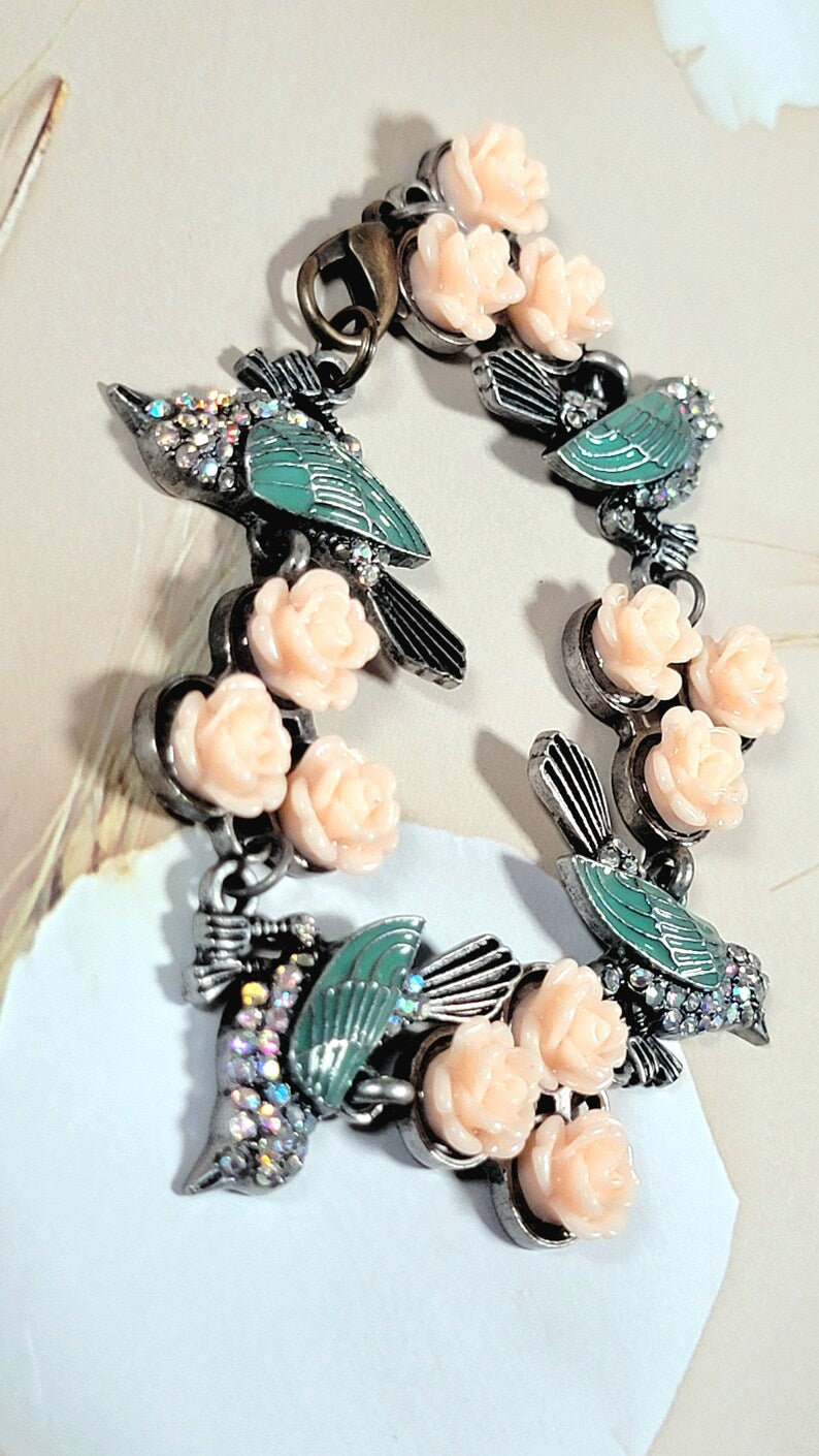 Blue Winged Bird & Pink Flower Women's Bracelet